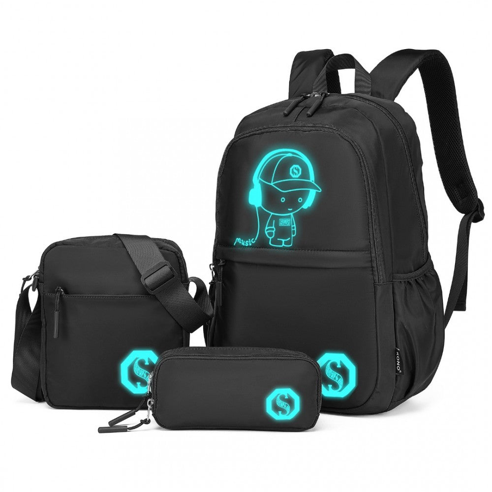 Kono Lightweight Glow In The Dark 3 Piece Laptop Backpack Set With Crossbody Bag And Pencil Case