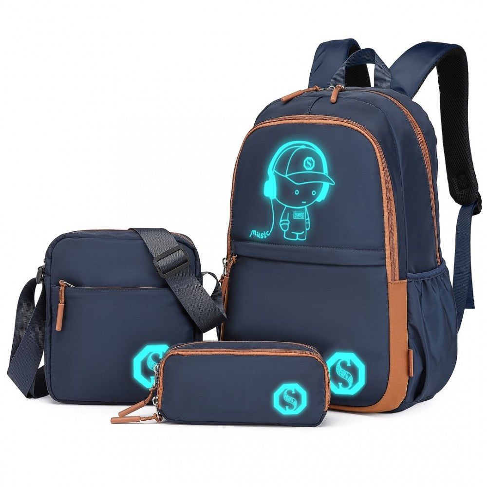 Kono Lightweight Glow In The Dark 3 Piece Laptop Backpack Set With Crossbody Bag And Pencil Case