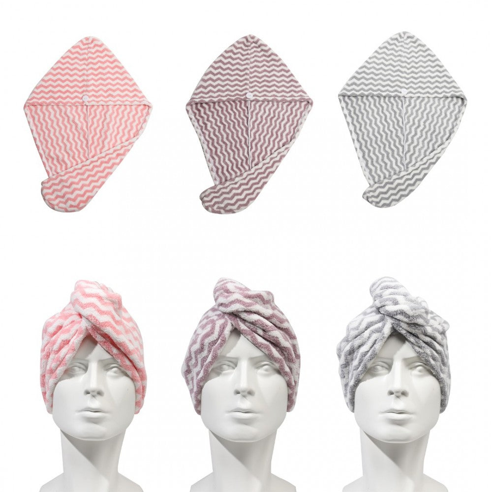 3 Pack Absorbent Microfibre Wavey Stripe Hair Turban With Button