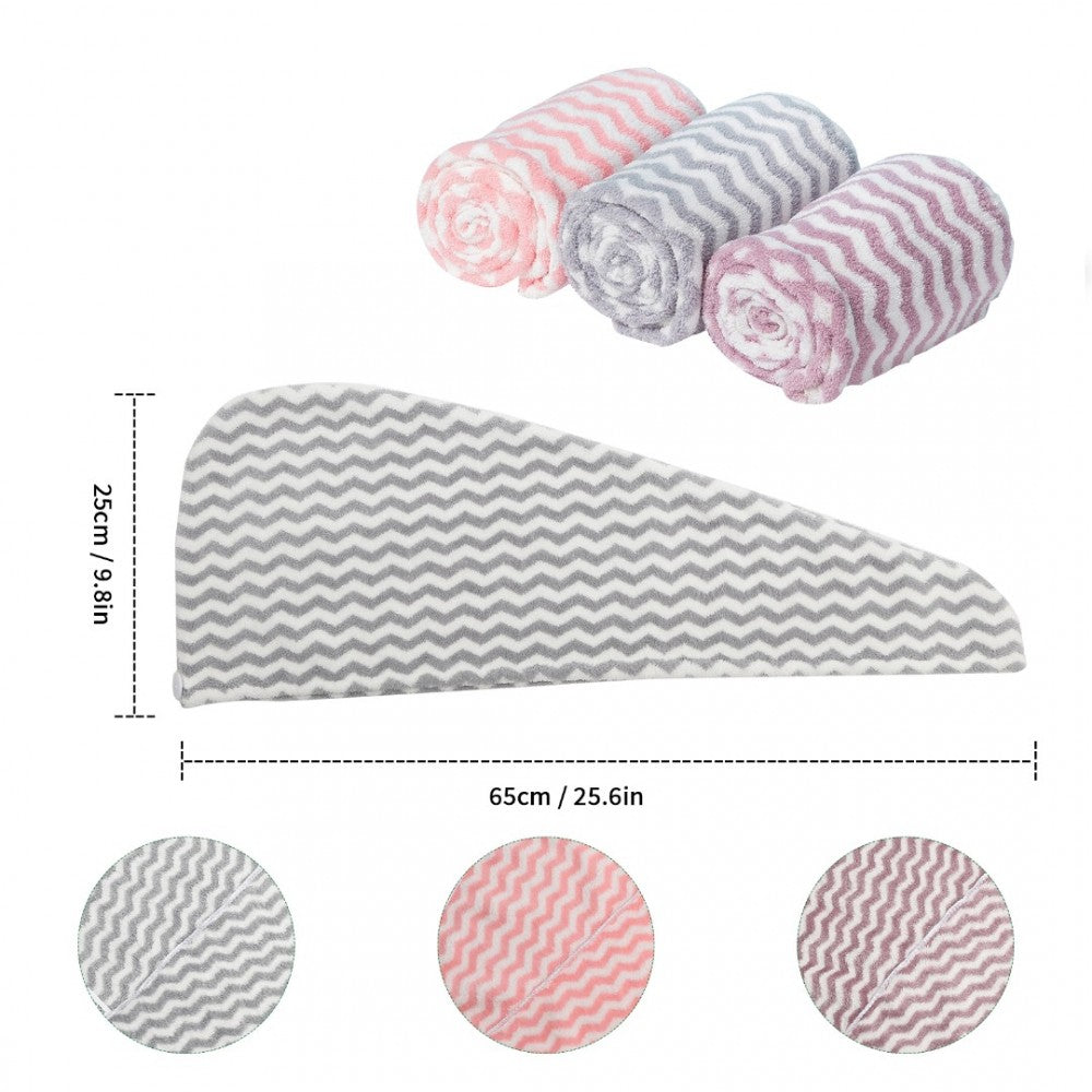 3 Pack Absorbent Microfibre Wavey Stripe Hair Turban With Button